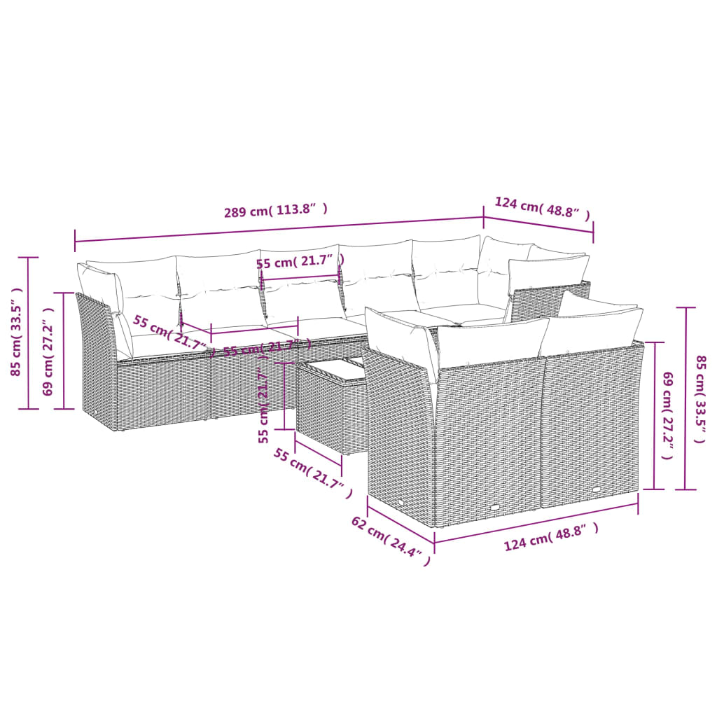 9 Pcs conjunto sofás p/ jardim com almofadões vime PE cinzento