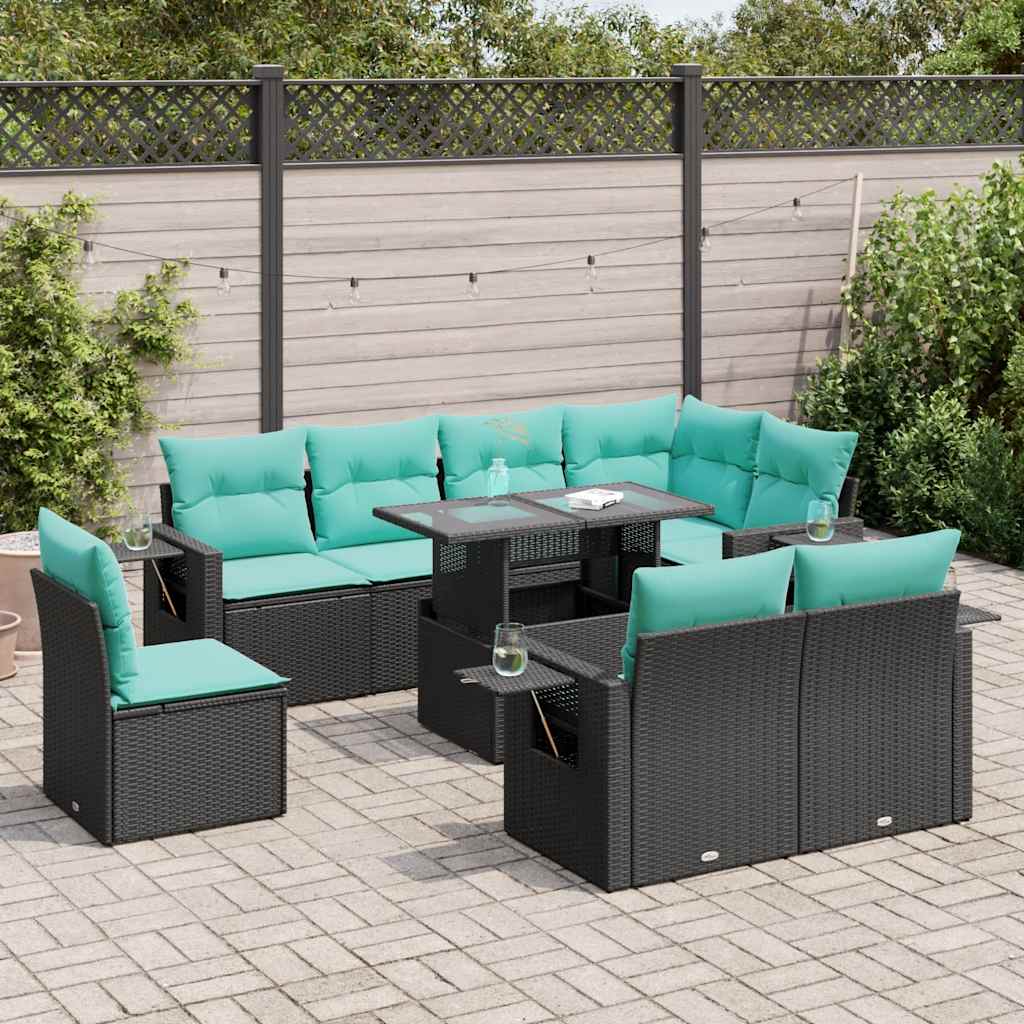 9 Pcs conjunto sofás p/ jardim almofadões vime PE/acácia preto