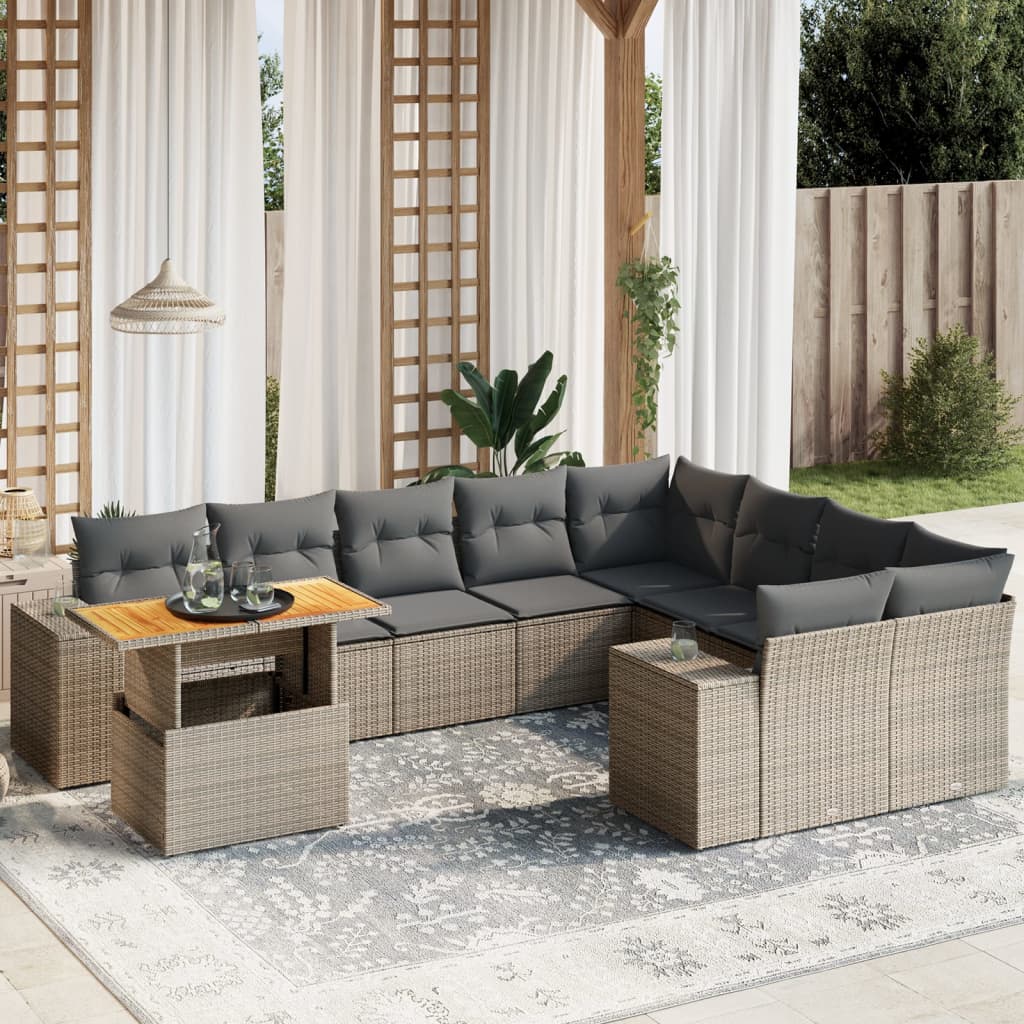 10 Pcs conjunto sofás de jardim c/ almofadões vime PE cinzento