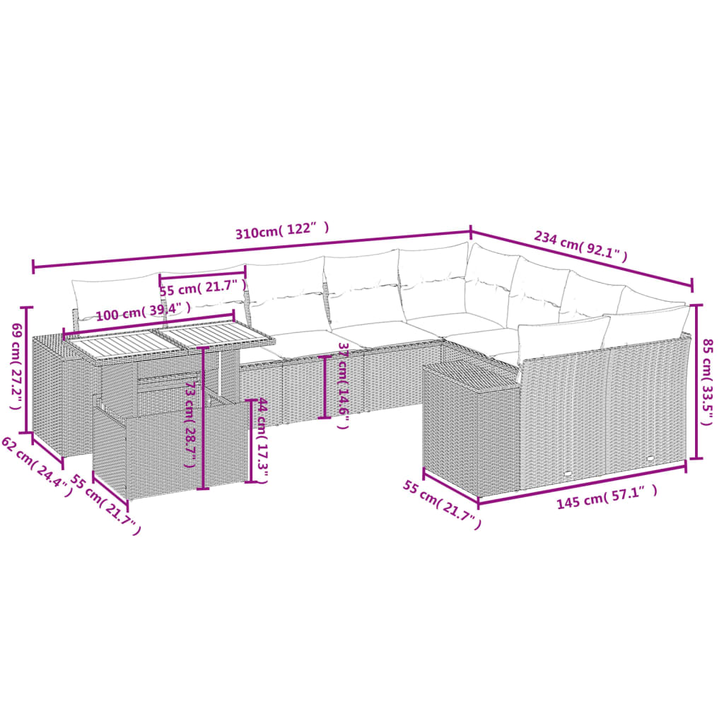 10 Pcs conjunto sofás de jardim c/ almofadões vime PE cinzento