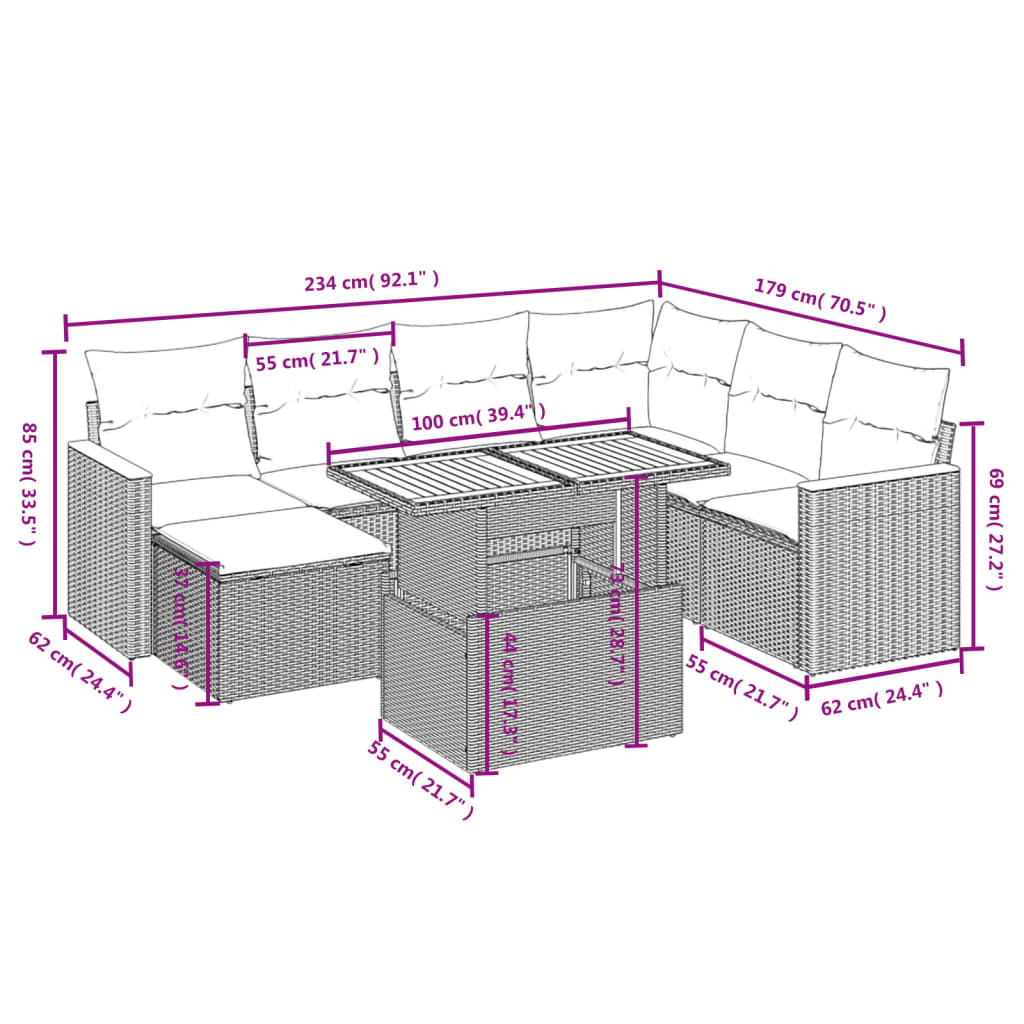 8 Pcs conjunto de sofás p/ jardim com almofadões vime PE bege