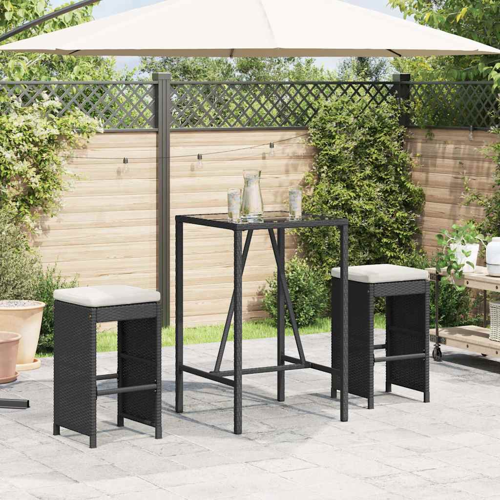 Bancos de bar com almofadões para jardim 2 pcs vime PE preto