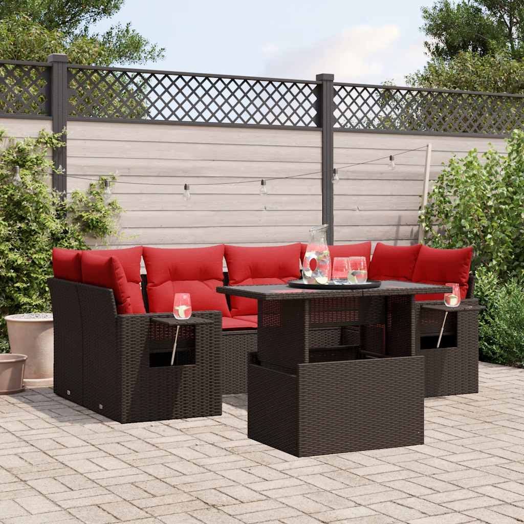 Conjunto de sofá de jardim com 7 peças e almofadas em rattan sintético marrom