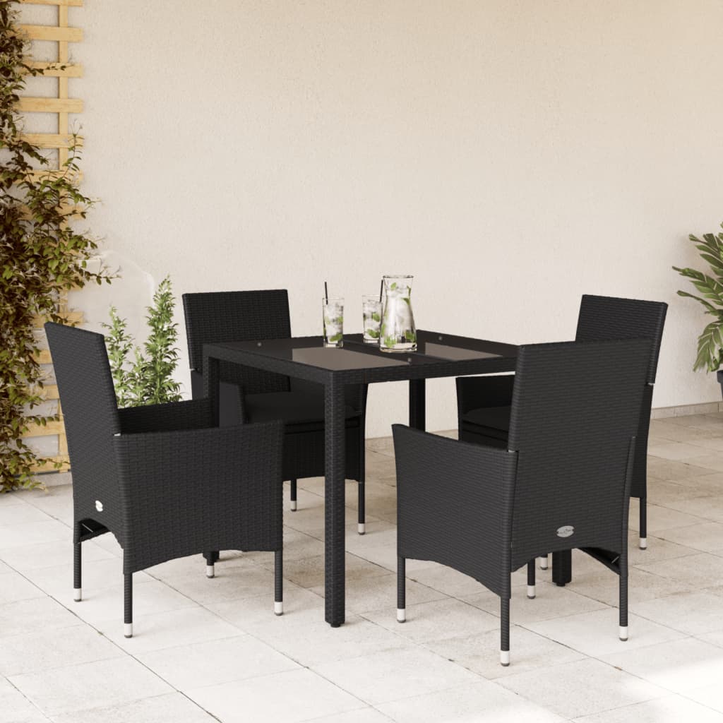 5 Pcs conjunto jantar jardim c/ almofadões vime PE/vidro preto