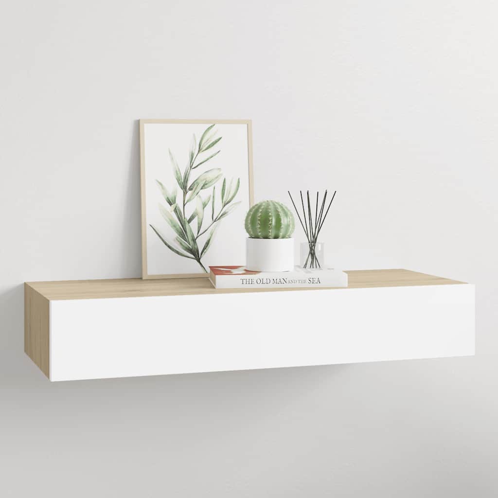 Prateleira de parede com gaveta em carvalho e branco 60x23,5x10 cm MDF