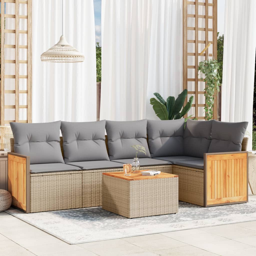 6 Pcs conjunto de sofás p/ jardim com almofadões vime PE bege