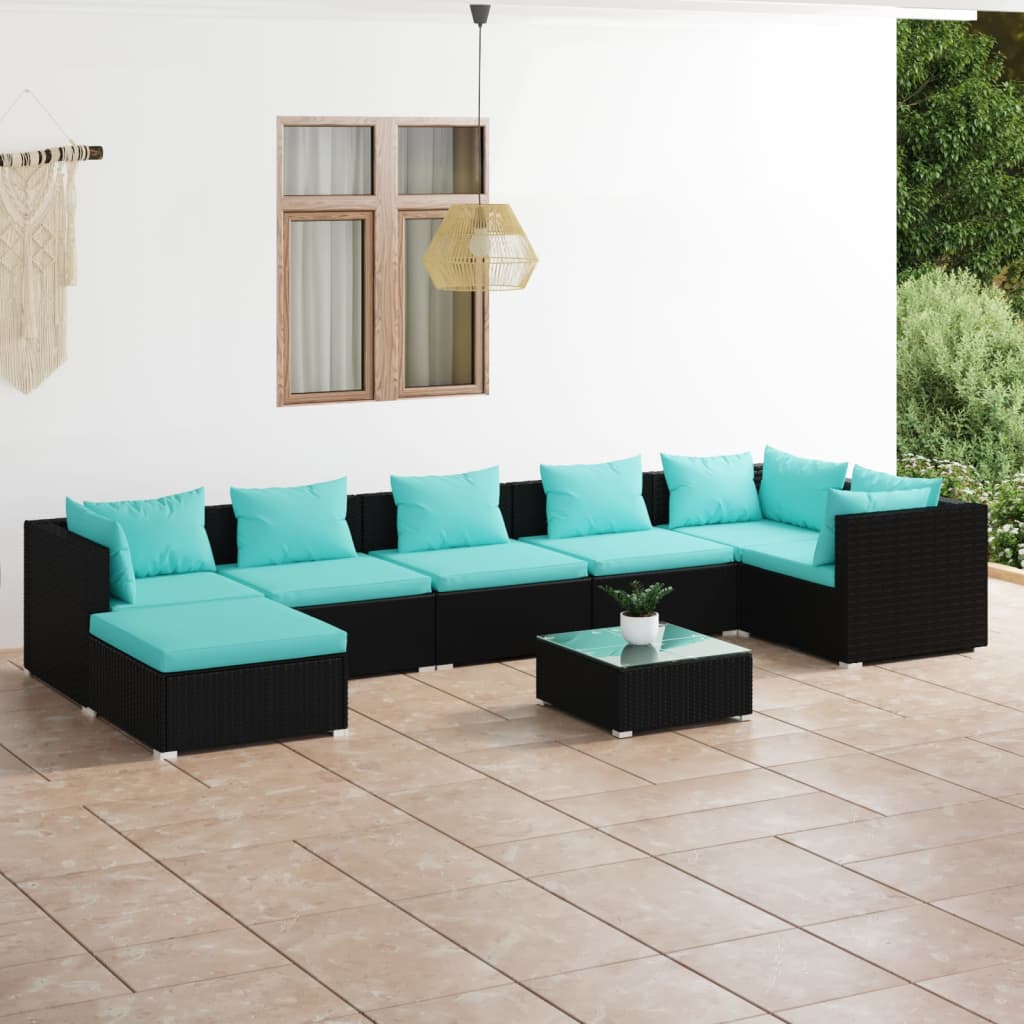 8 Pcs conjunto lounge de jardim c/ almofadões vime PE preto