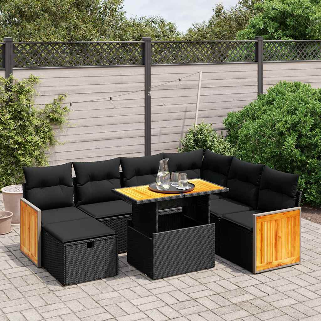 8 Pcs conjunto sofás de jardim com almofadões vime PE preto