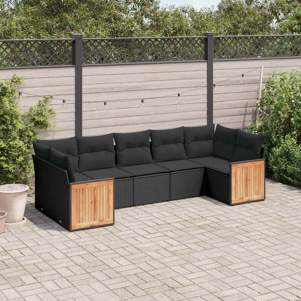 7 Pcs conjunto de sofás p/ jardim c/ almofadões vime PE preto