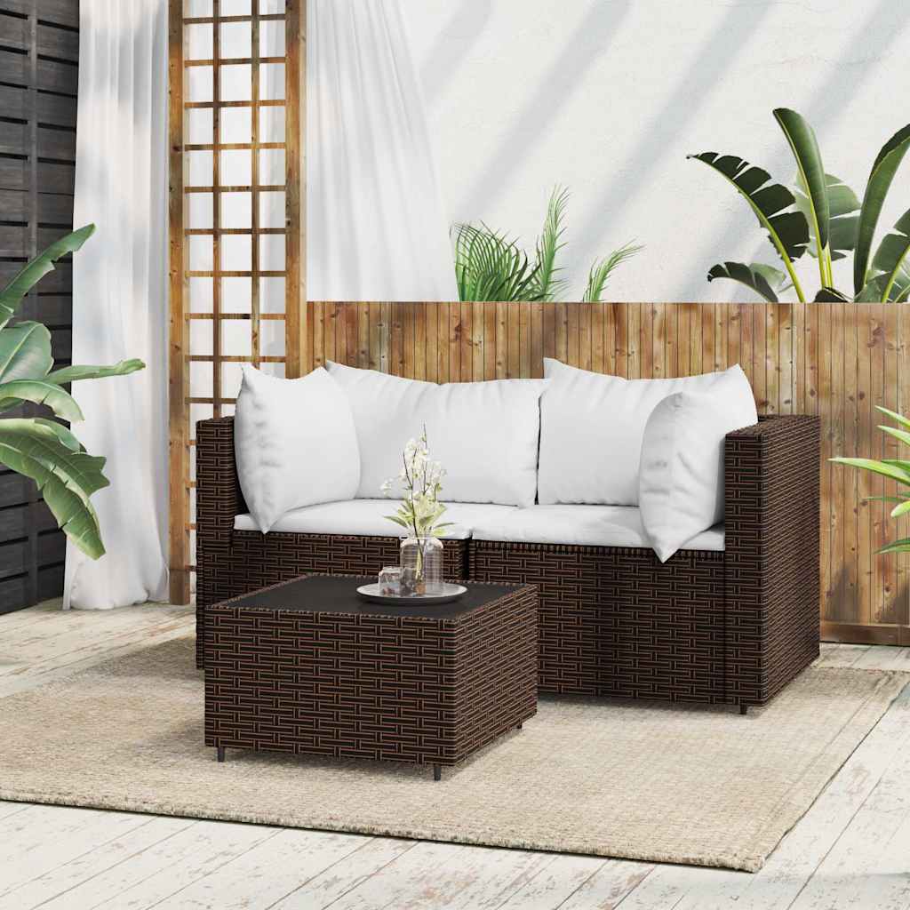 3 Pcs conjunto lounge jardim c/ almofadões vime PE castanho