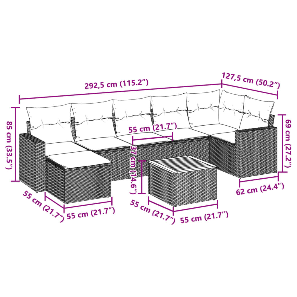 8 Pcs conjunto sofás de jardim com almofadões vime PE preto