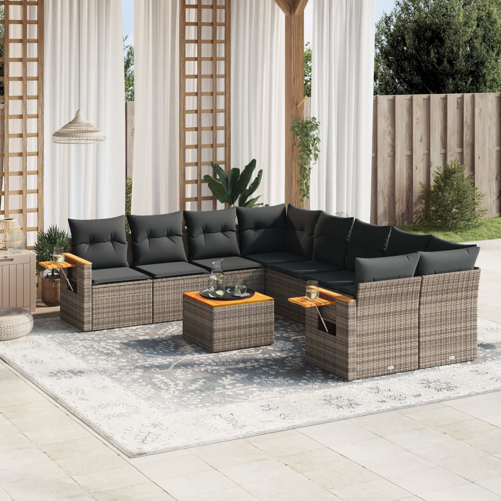 9 Pcs conjunto sofás p/ jardim com almofadões vime PE cinzento