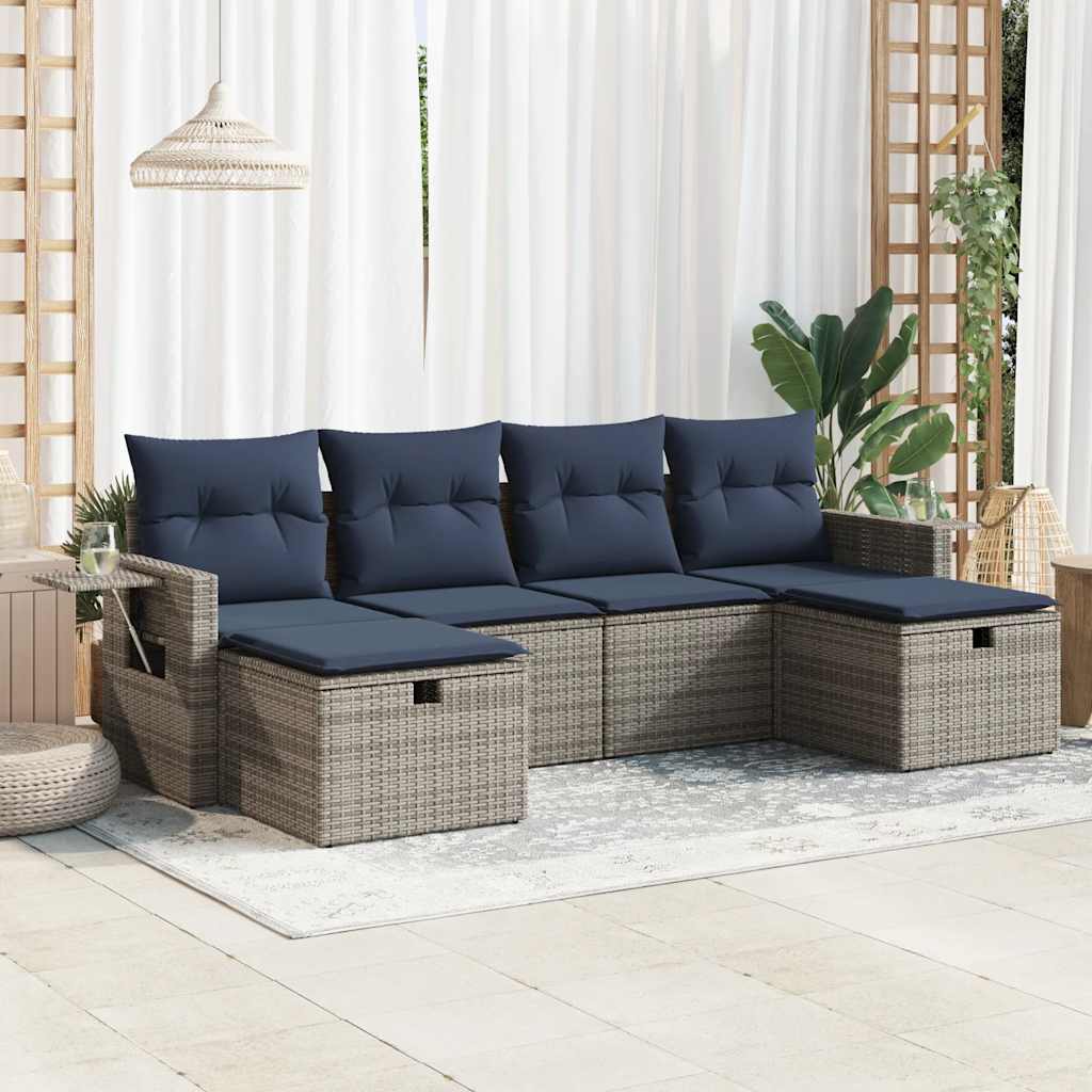 6 Pcs conjunto sofás de jardim com almofadões vime cinzento
