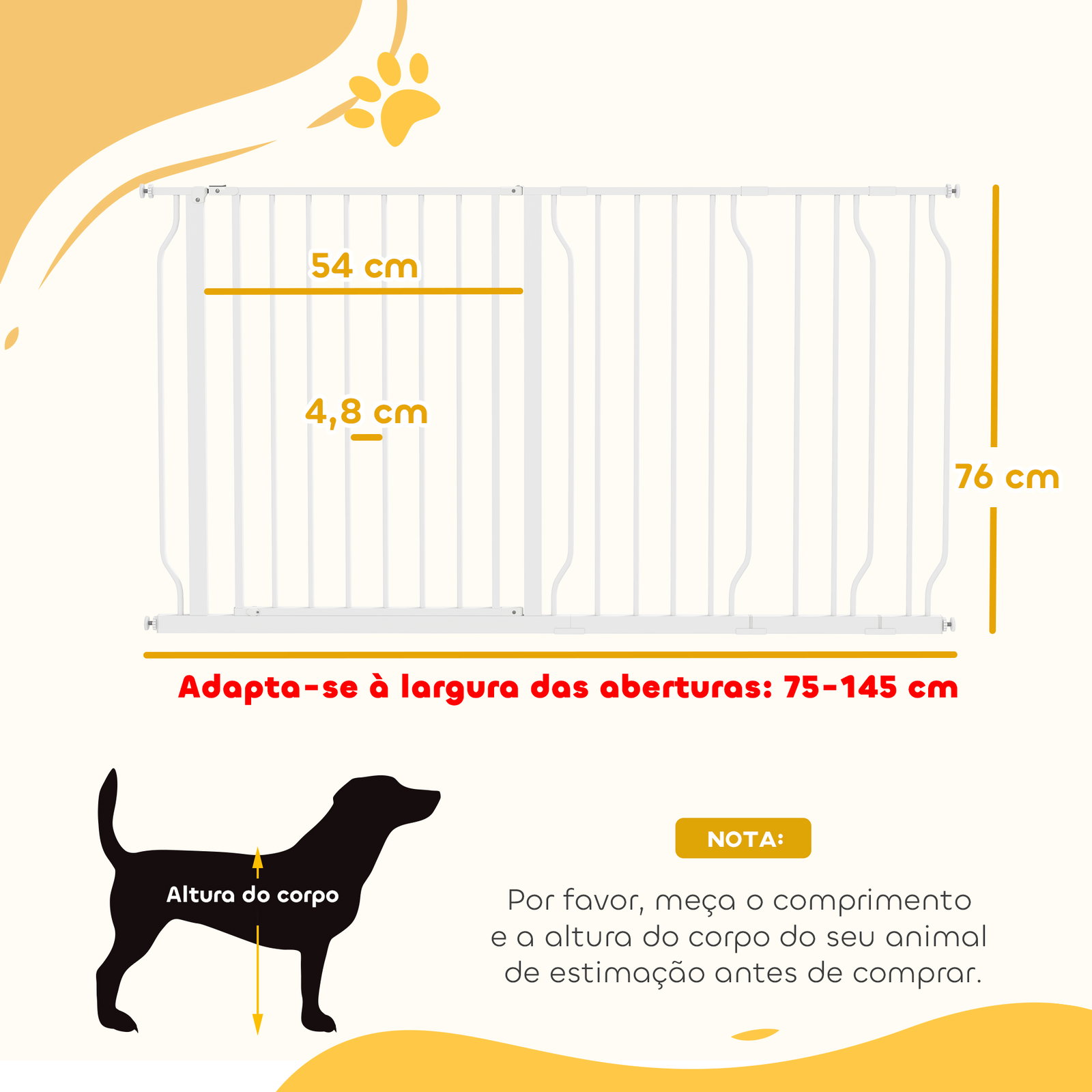 Barreira de Segurança para Cães Extensível para Escadas e Portas 75-145cm com 3 Extensões Altura 76cm Branco