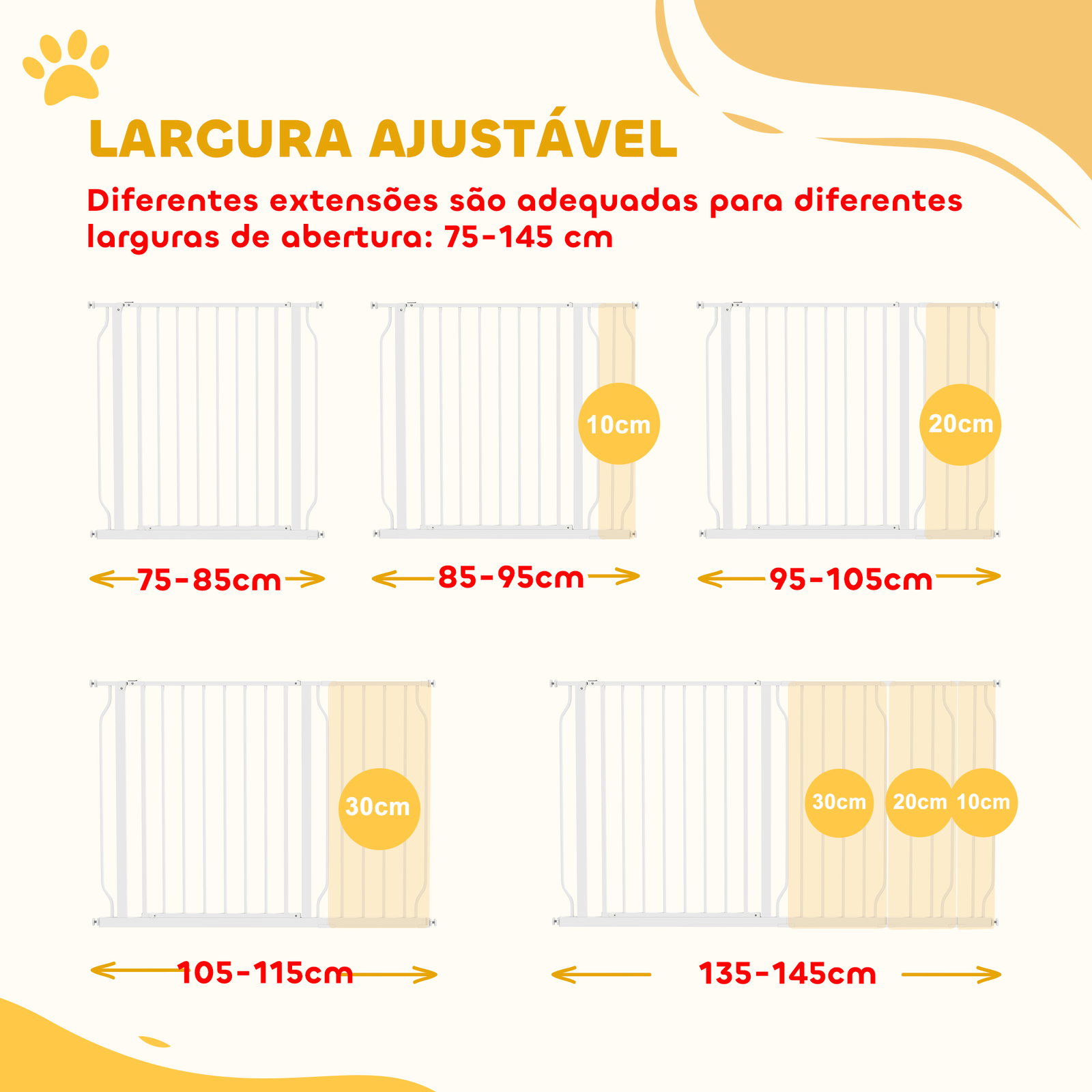 Barreira de Segurança para Cães Extensível para Escadas e Portas 75-145cm com 3 Extensões Altura 76cm Branco