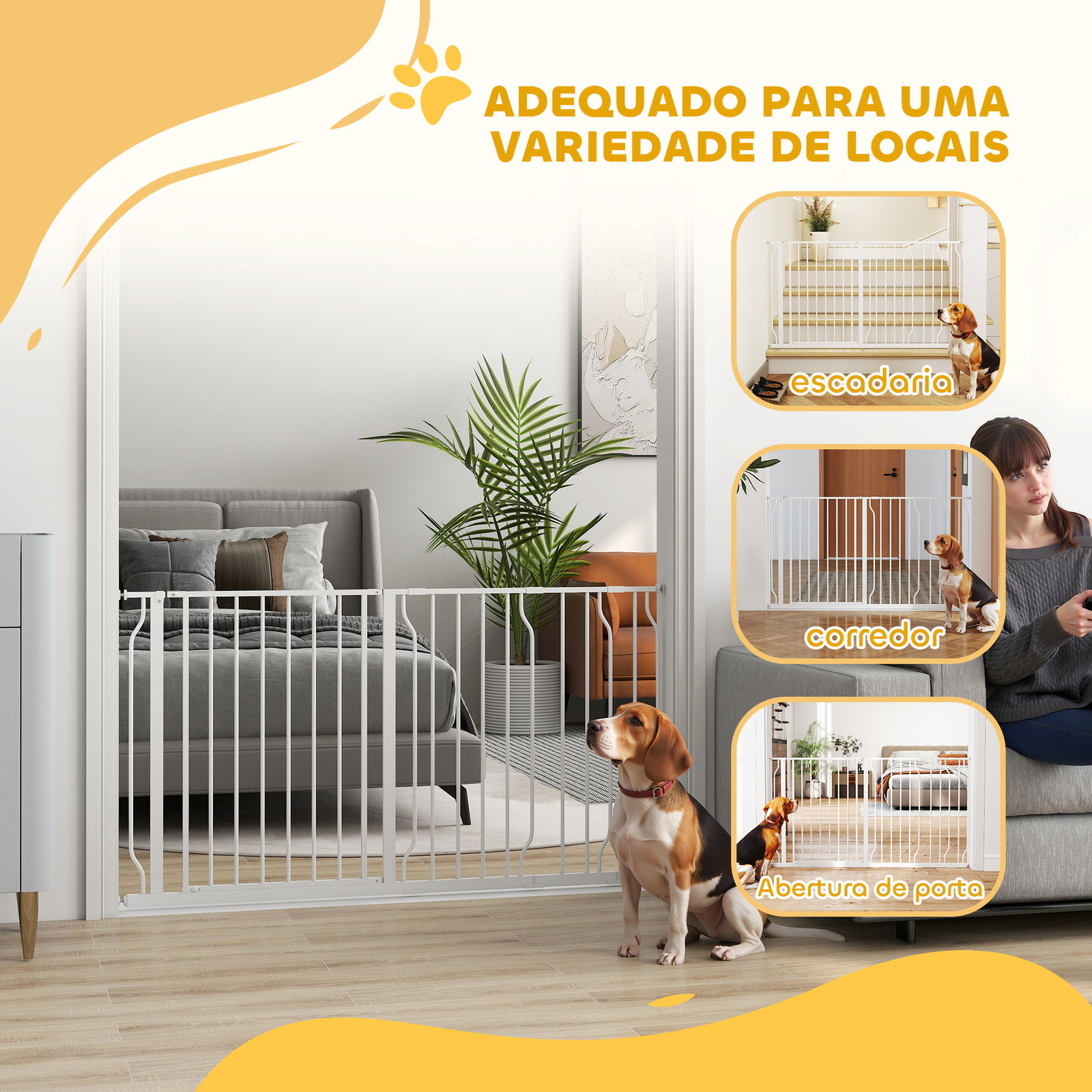 Barreira de Segurança para Cães Extensível para Escadas e Portas 75-145cm com 3 Extensões Altura 76cm Branco