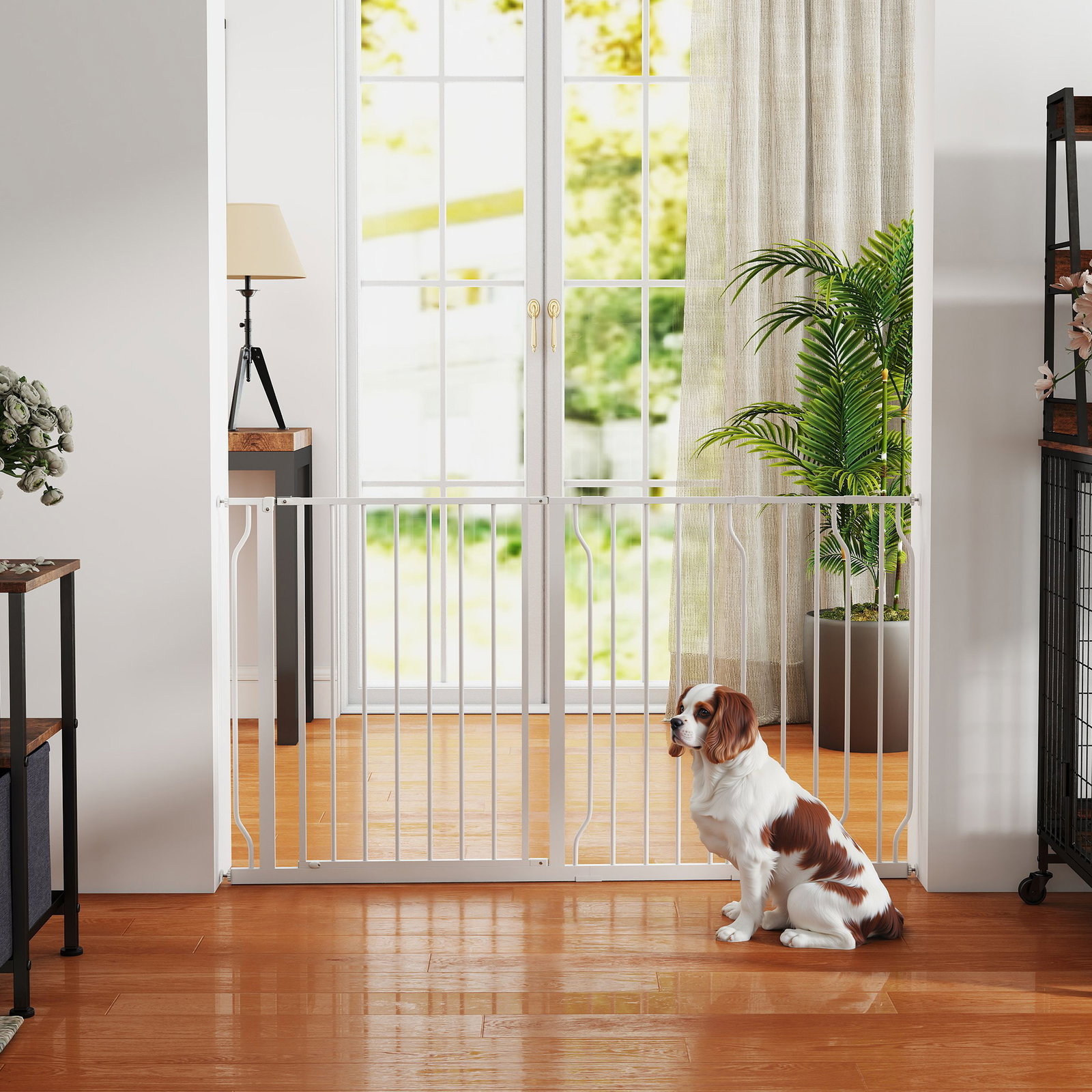 Barreira de Segurança para Cães Extensível para Escadas e Portas 75-145cm com 3 Extensões Altura 76cm Branco