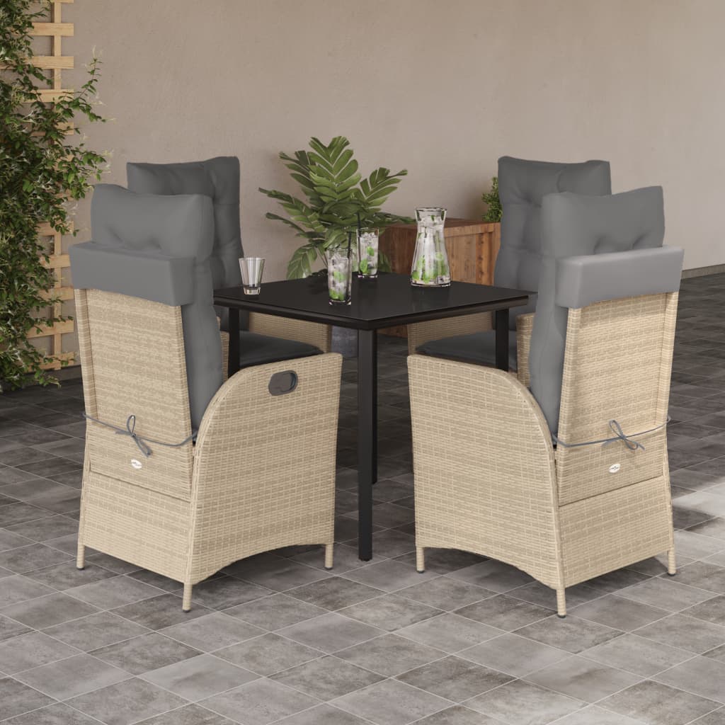 5 Pcs conjunto de jantar p/ jardim com almofadões vime PE bege
