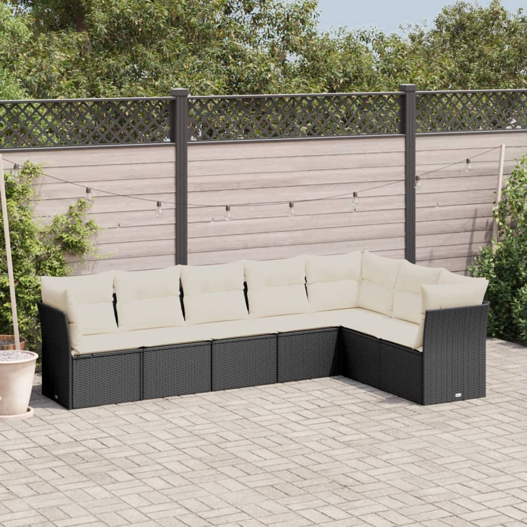 7 Pcs conjunto de sofás p/ jardim c/ almofadões vime PE preto