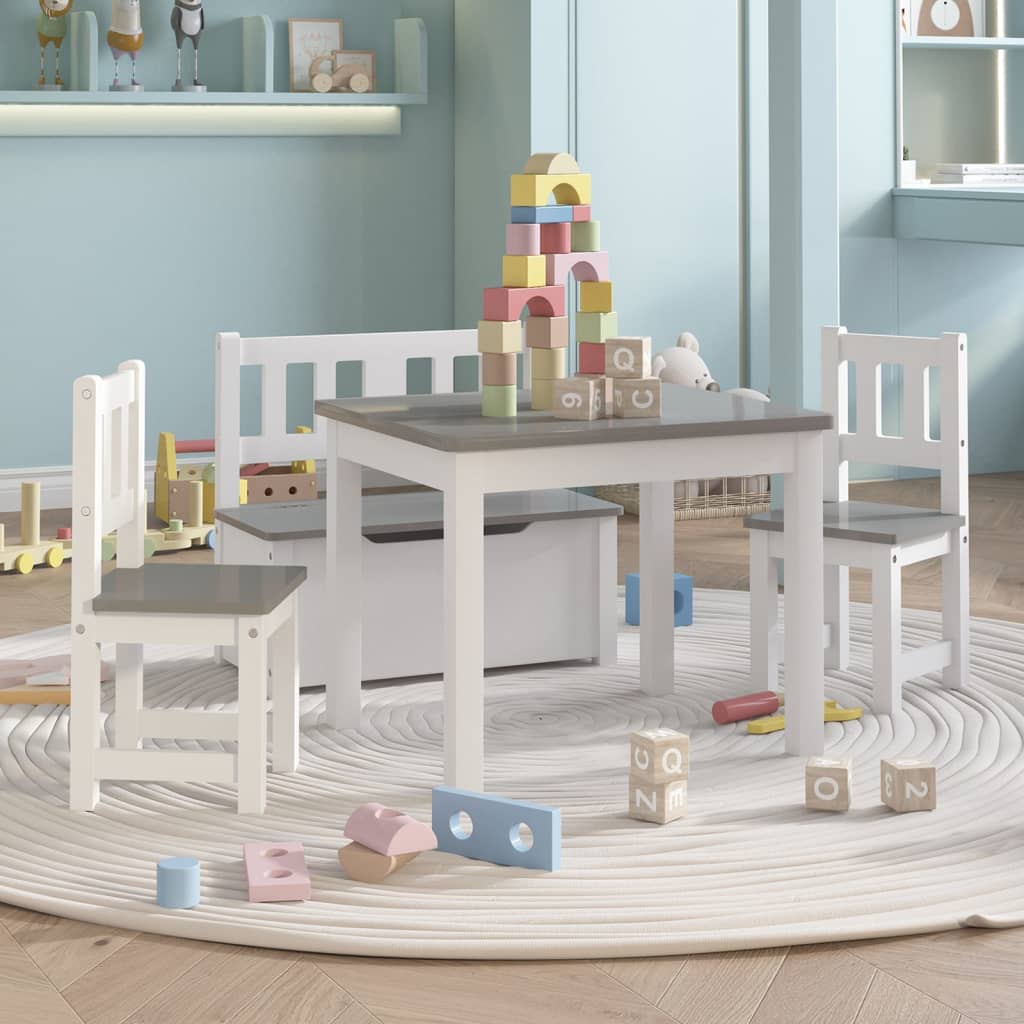 4 Pcs conjunto mesa e cadeiras infantil MDF branco e cinzento