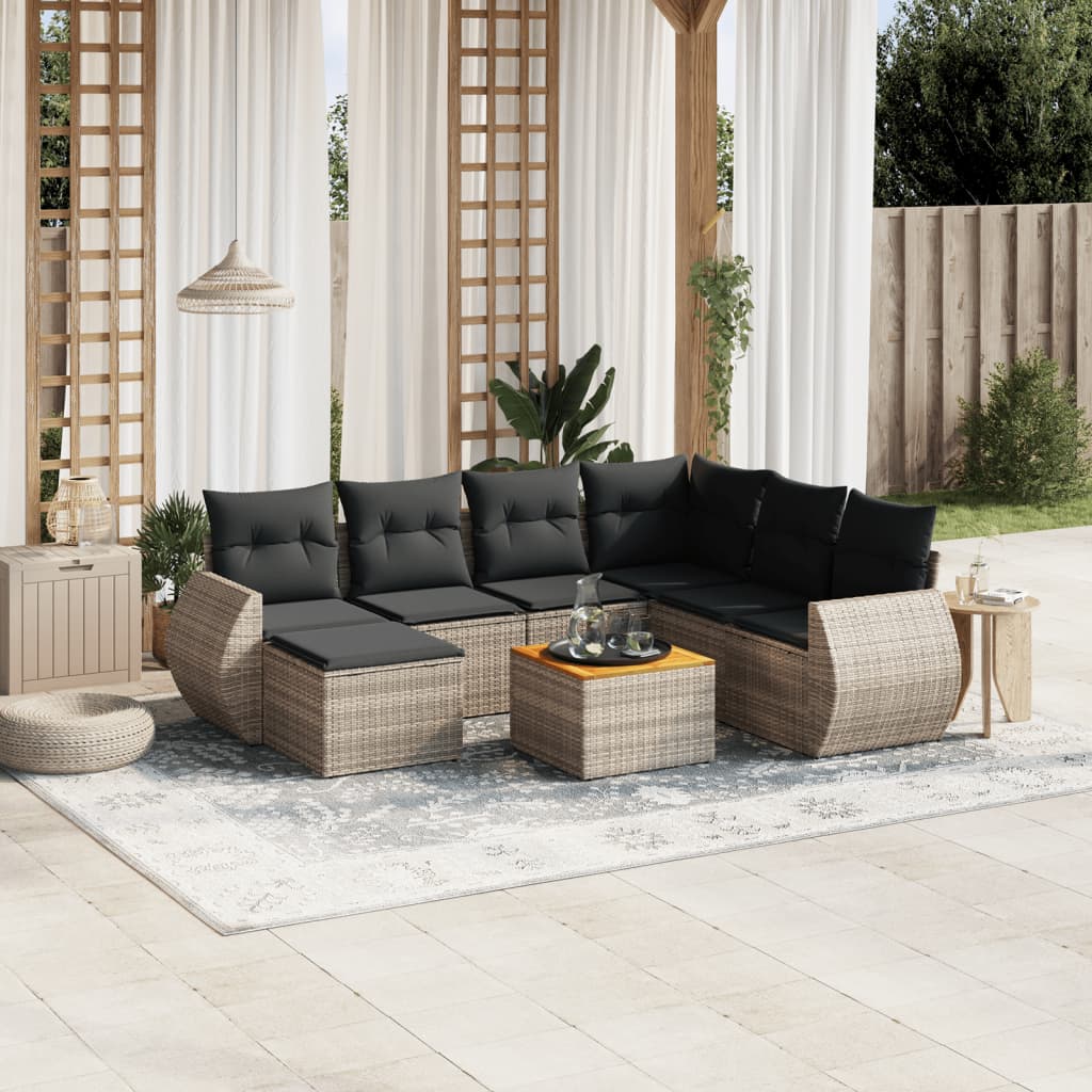 8 Pcs conjunto sofás de jardim c/ almofadões vime PE cinzento