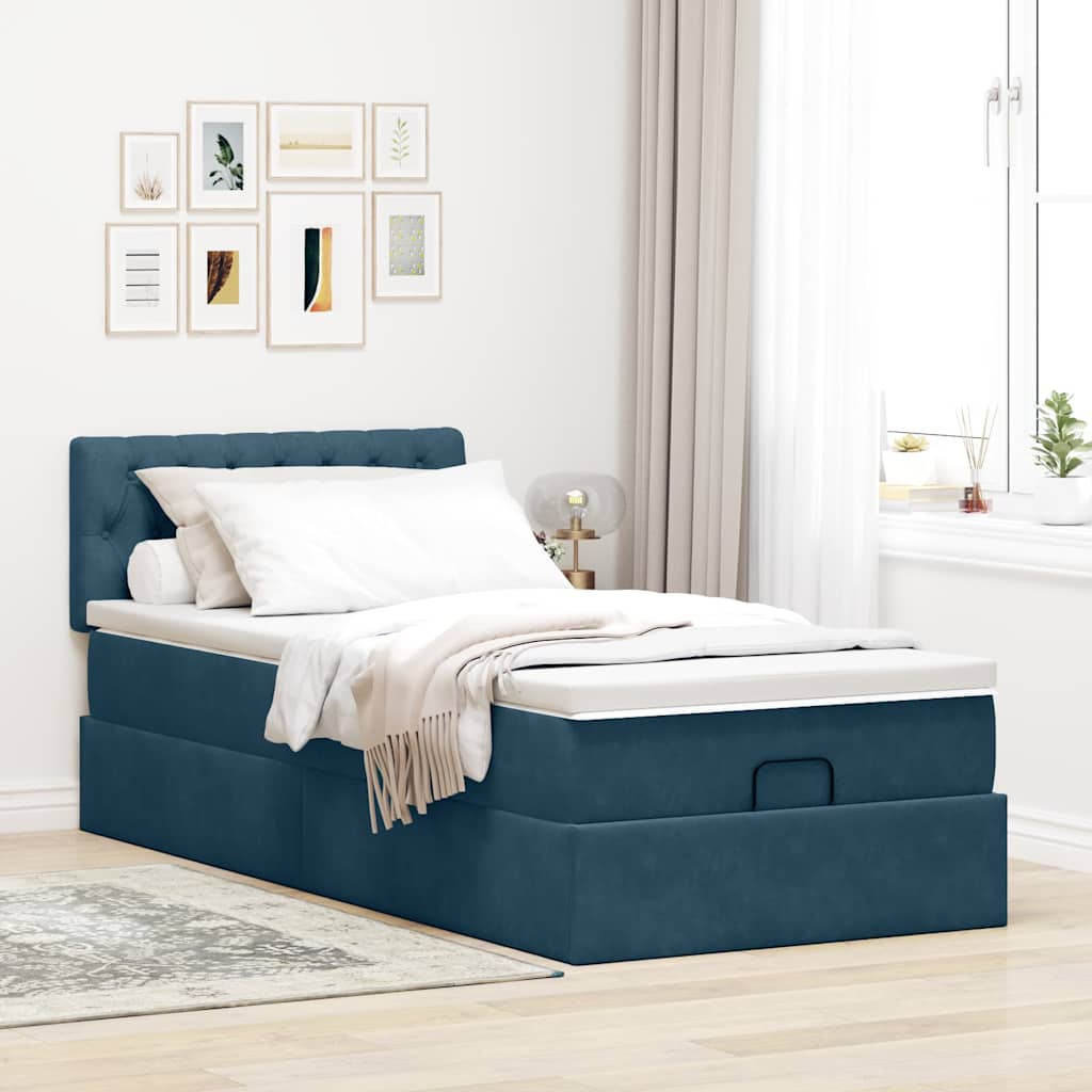 Estrutura de cama otomana com colchão azul escuro veludo