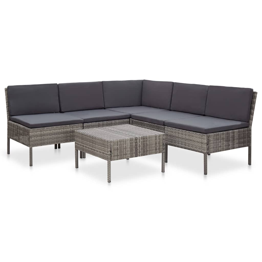 6 Pcs conjunto lounge de jardim c/ almofadões vime PE cinzento