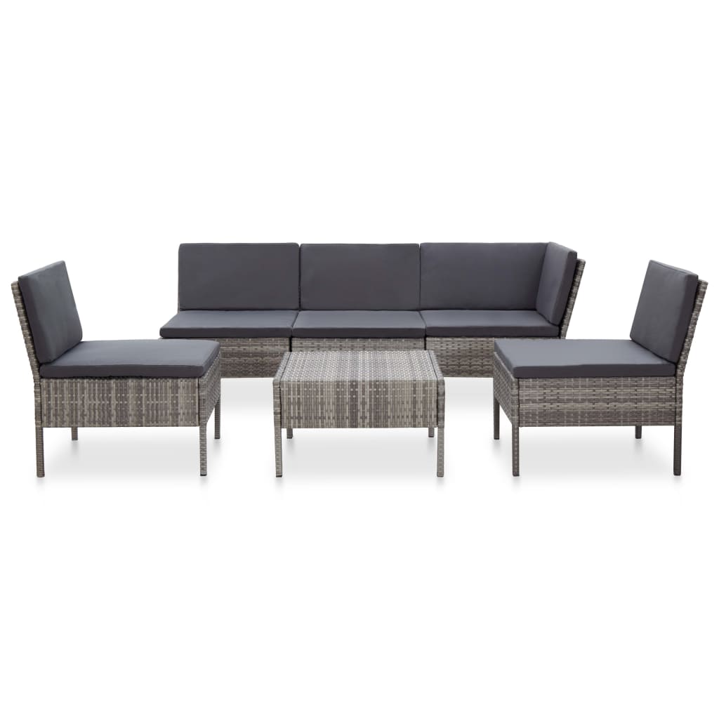 6 Pcs conjunto lounge de jardim c/ almofadões vime PE cinzento