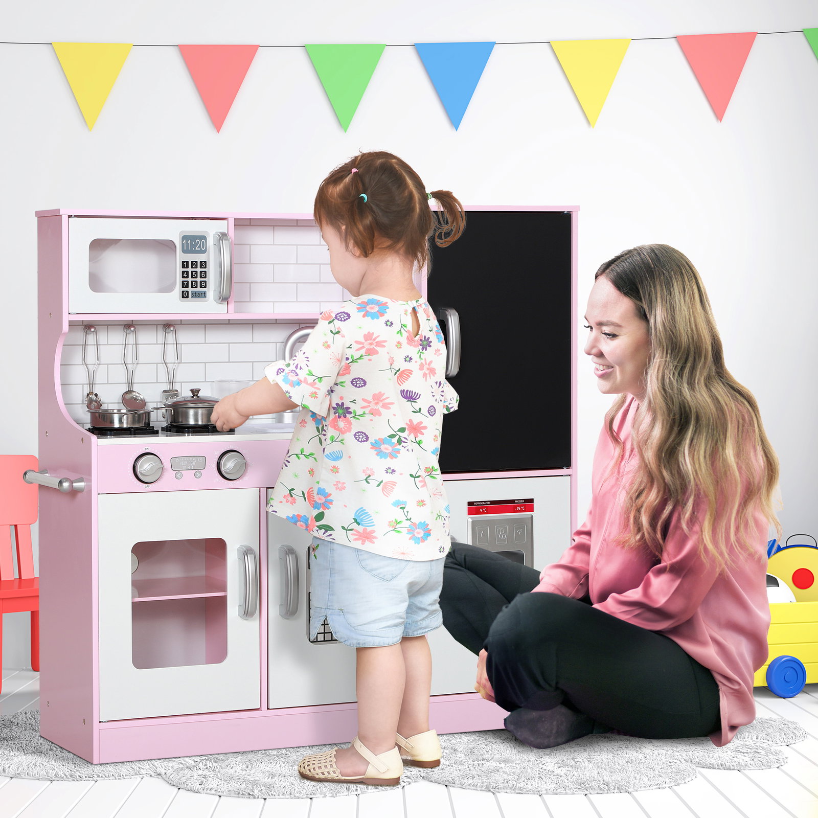 Cozinha de brincar para crianças acima de 3 anos cozinha infantil de madeira com acessórios máquina de gelo ardósia e telefone 83,8x26,8x81 cm rosa