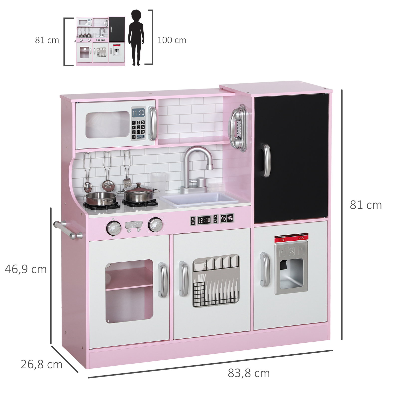 Cozinha de brincar para crianças acima de 3 anos cozinha infantil de madeira com acessórios máquina de gelo ardósia e telefone 83,8x26,8x81 cm rosa