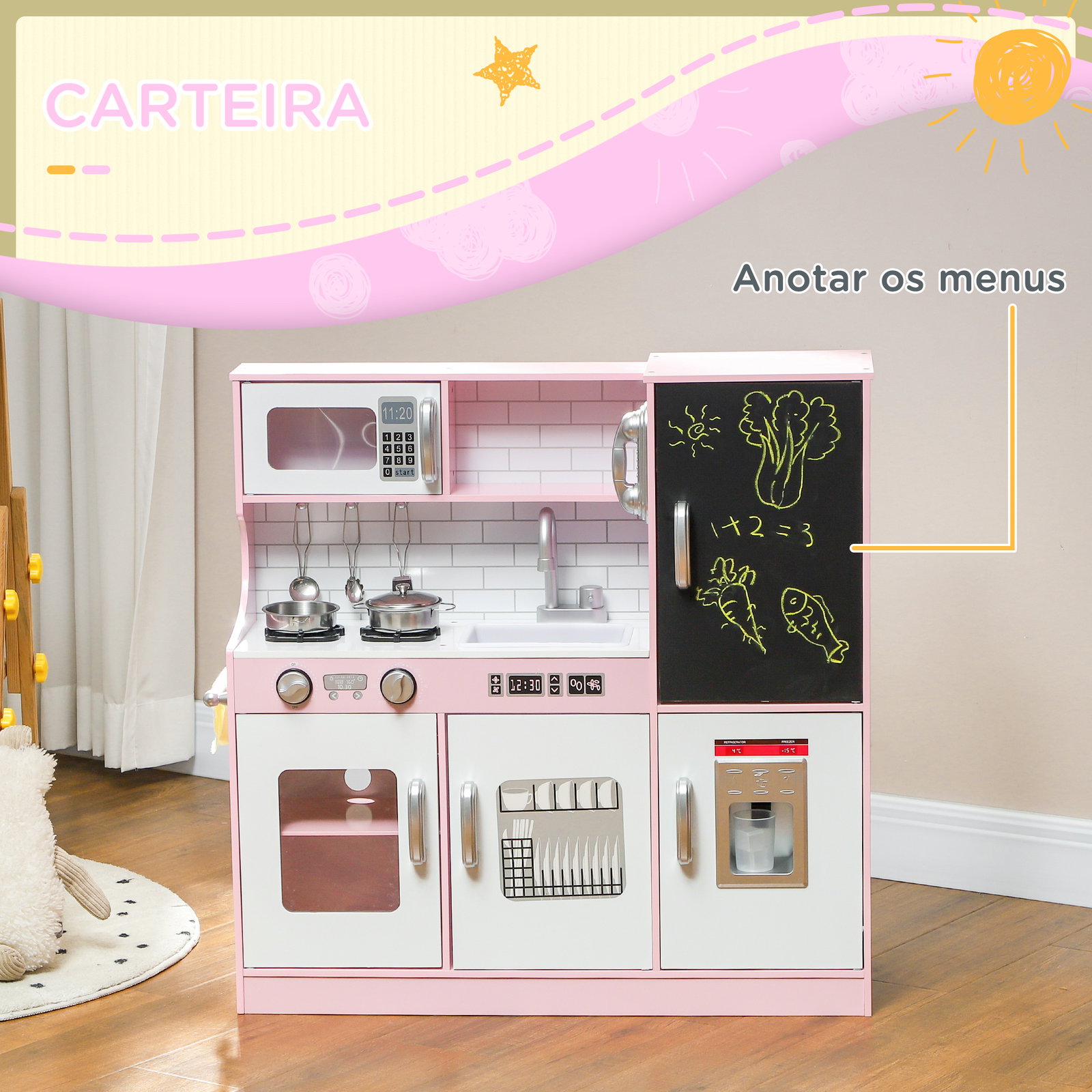 Cozinha de brincar para crianças acima de 3 anos cozinha infantil de madeira com acessórios máquina de gelo ardósia e telefone 83,8x26,8x81 cm rosa