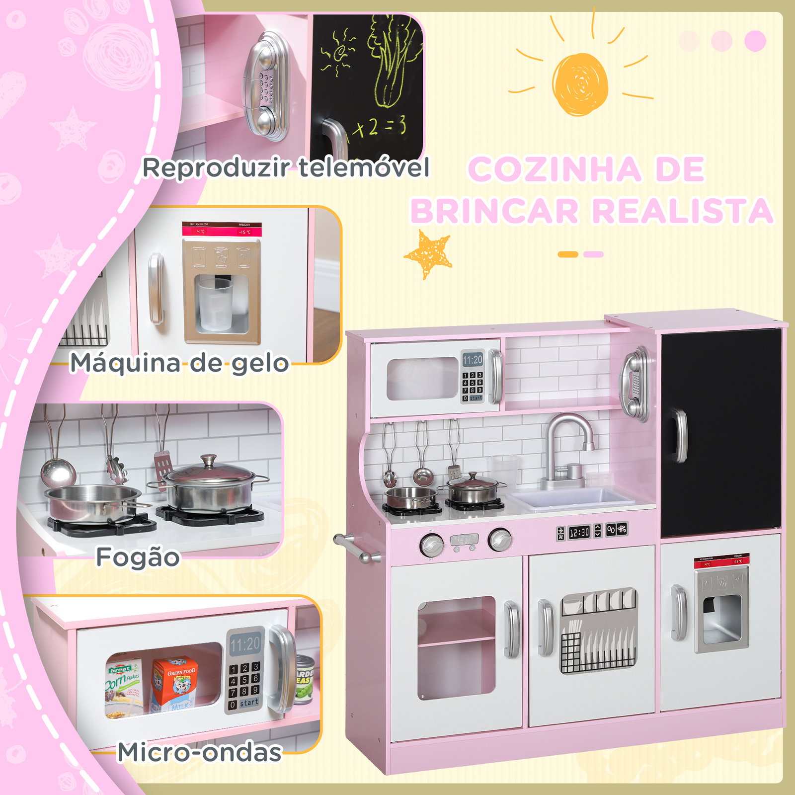 Cozinha de brincar para crianças acima de 3 anos cozinha infantil de madeira com acessórios máquina de gelo ardósia e telefone 83,8x26,8x81 cm rosa