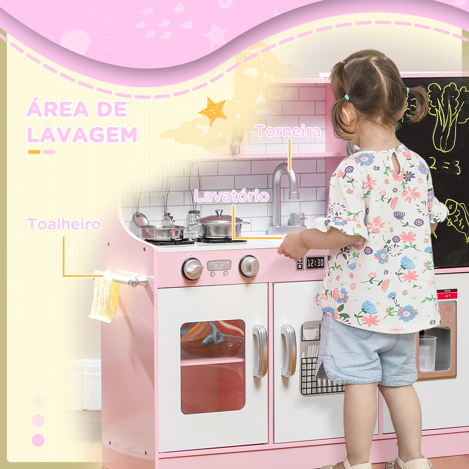 Cozinha de brincar para crianças acima de 3 anos cozinha infantil de madeira com acessórios máquina de gelo ardósia e telefone 83,8x26,8x81 cm rosa