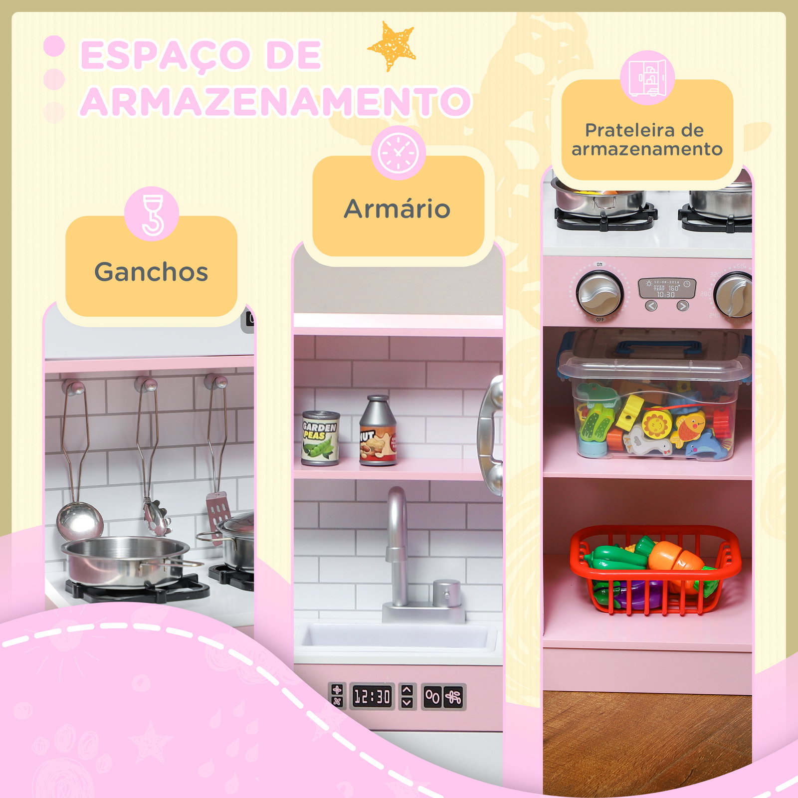 Cozinha de brincar para crianças acima de 3 anos cozinha infantil de madeira com acessórios máquina de gelo ardósia e telefone 83,8x26,8x81 cm rosa