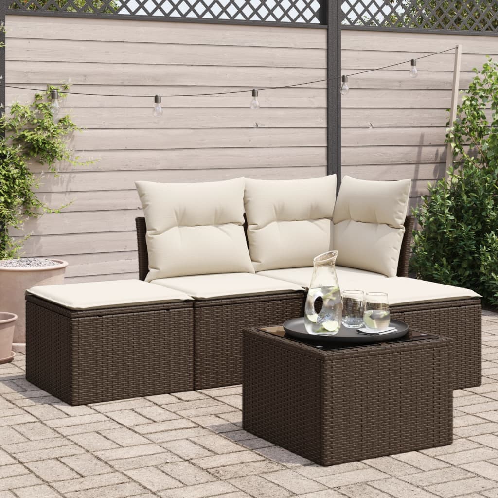 5 Pcs conjunto sofás p/ jardim c/ almofadões vime PE castanho