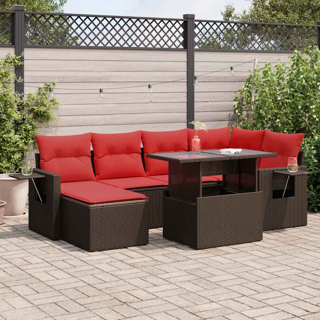 7 Pcs conj. sofás jardim c/ almofadões vime PE/acácia castanho