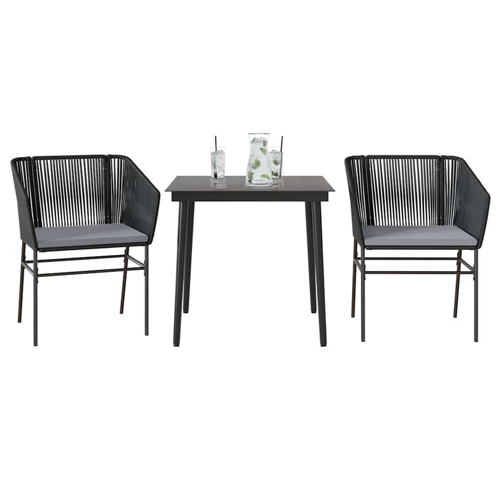 3 Pcs conjunto jantar jardim almofadões vime PE vidro preto