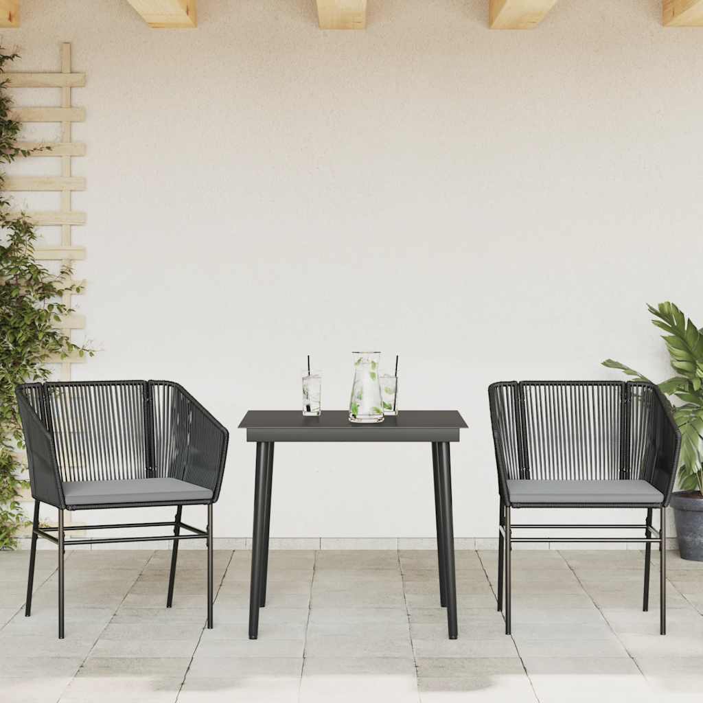 3 Pcs conjunto jantar jardim almofadões vime PE vidro preto