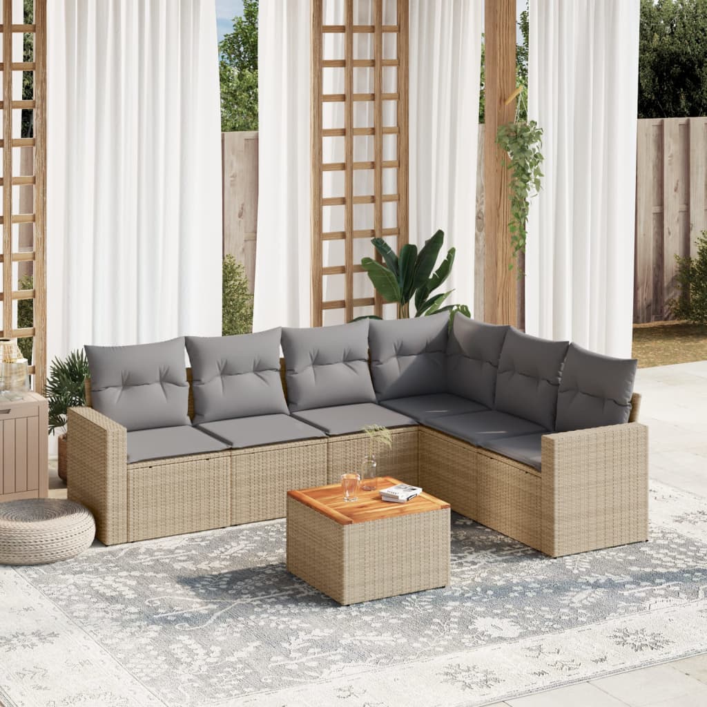 7 Pcs conj. sofás jardim c/ almofadões vime PE bege misturado