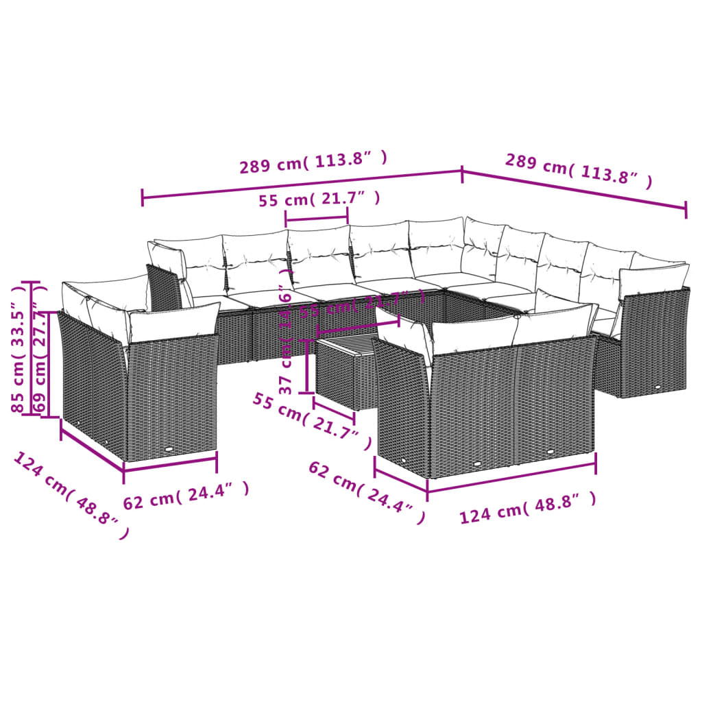 14 Pcs conjunto de sofás p/ jardim com almofadões vime PE bege