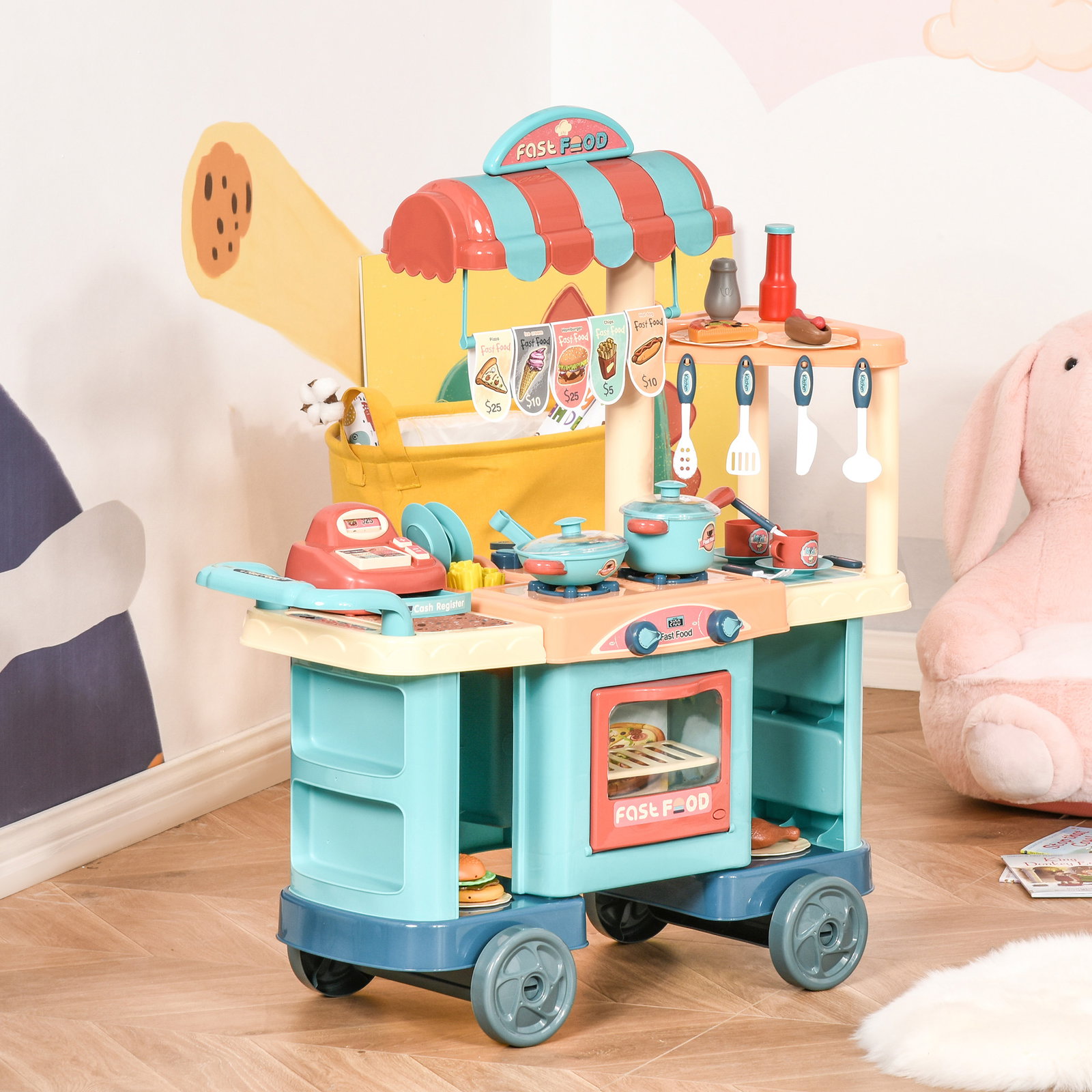 Cozinha de brinquedo para crianças de 3 a 6 anos com rodas caixa registradora e 50 acessórios 79,5x33x90,5 cm multicolor