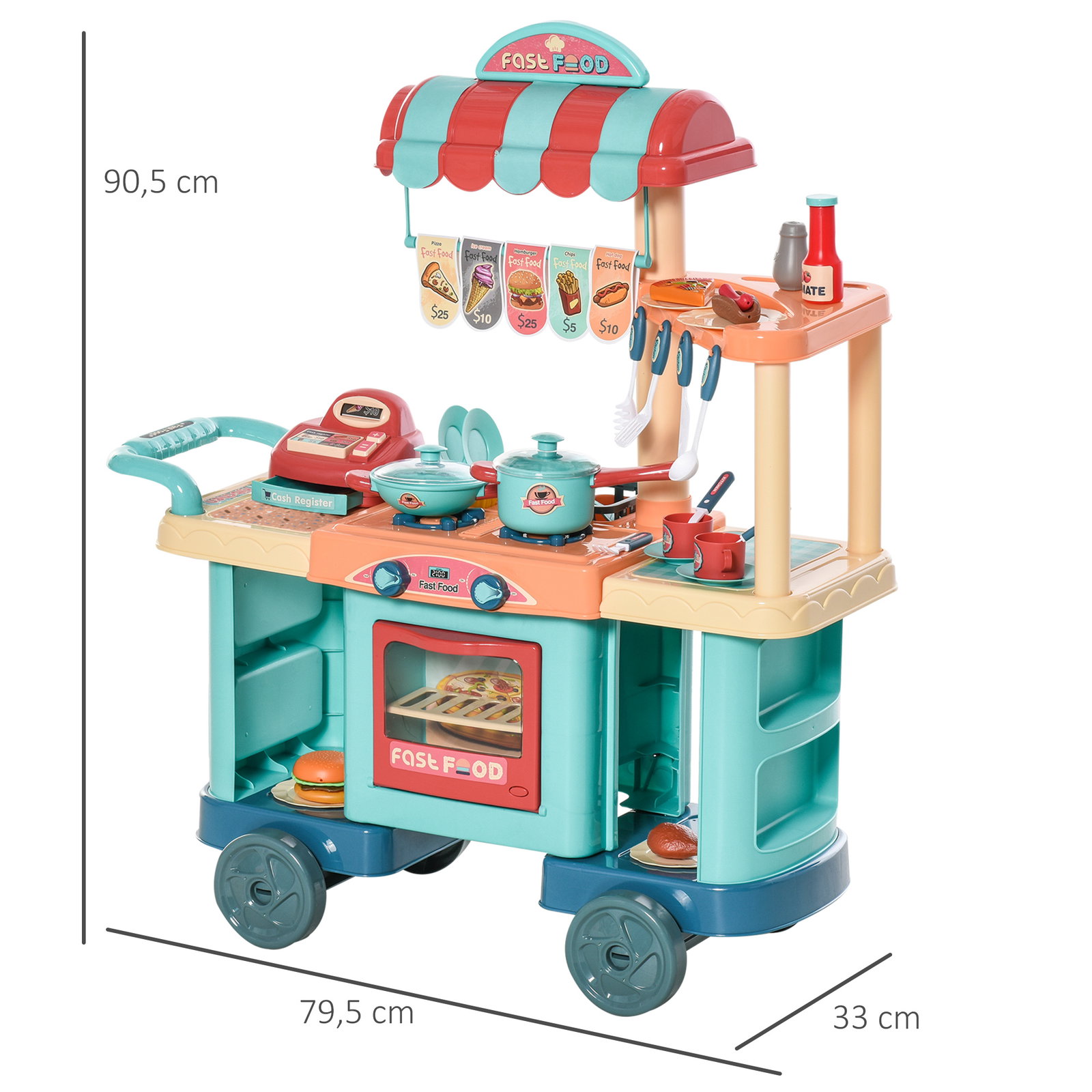 Cozinha de brinquedo para crianças de 3 a 6 anos com rodas caixa registradora e 50 acessórios 79,5x33x90,5 cm multicolor