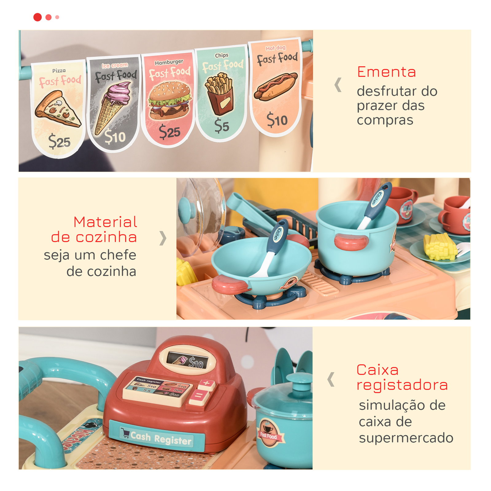 Cozinha de brinquedo para crianças de 3 a 6 anos com rodas caixa registradora e 50 acessórios 79,5x33x90,5 cm multicolor
