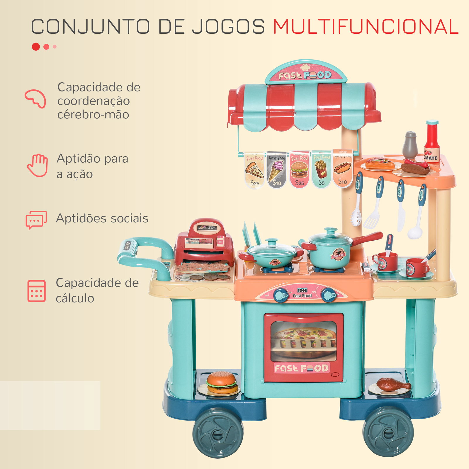 Cozinha de brinquedo para crianças de 3 a 6 anos com rodas caixa registradora e 50 acessórios 79,5x33x90,5 cm multicolor