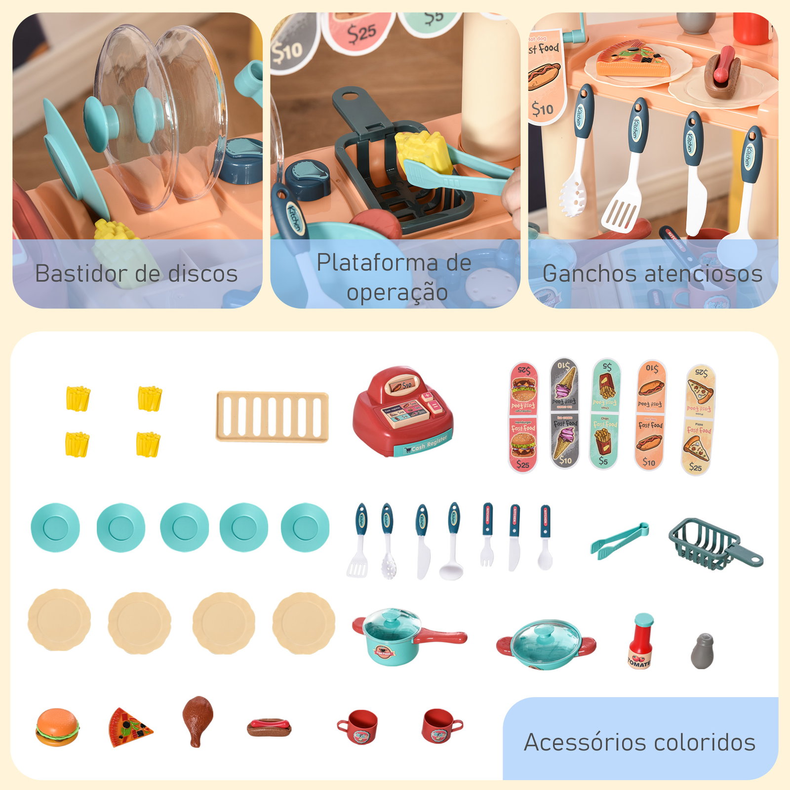 Cozinha de brinquedo para crianças de 3 a 6 anos com rodas caixa registradora e 50 acessórios 79,5x33x90,5 cm multicolor