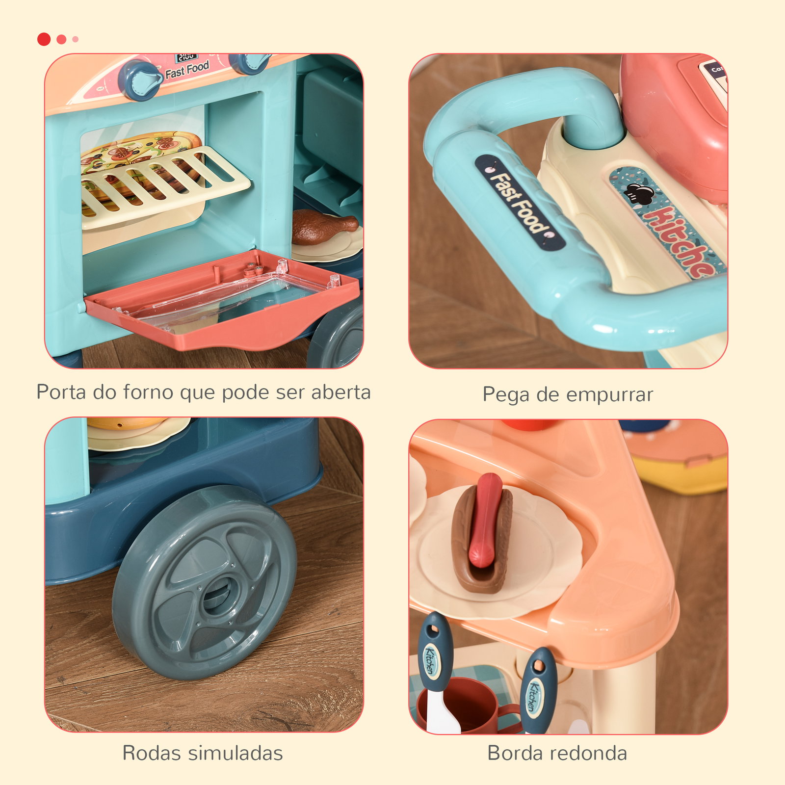 Cozinha de brinquedo para crianças de 3 a 6 anos com rodas caixa registradora e 50 acessórios 79,5x33x90,5 cm multicolor