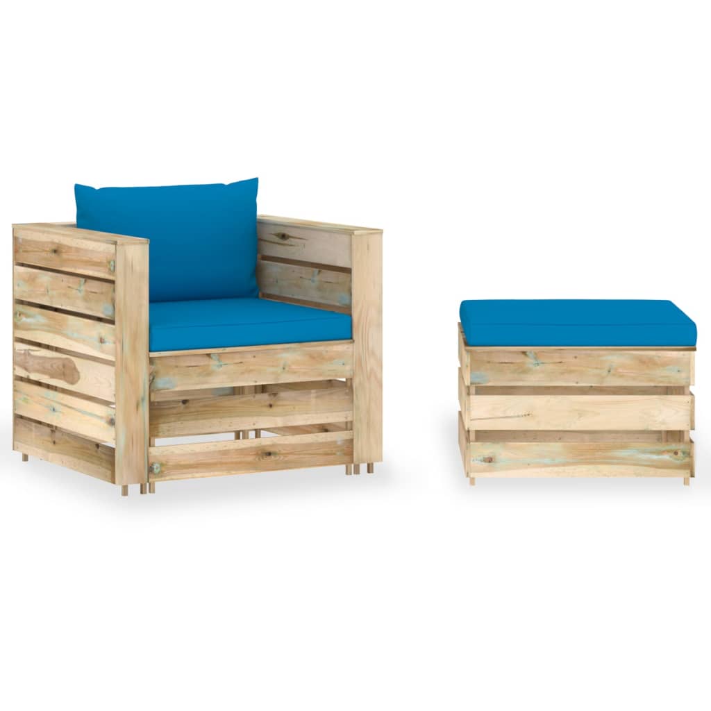 2 Pcs conj. lounge jardim c/ almofadões madeira impreg. verde