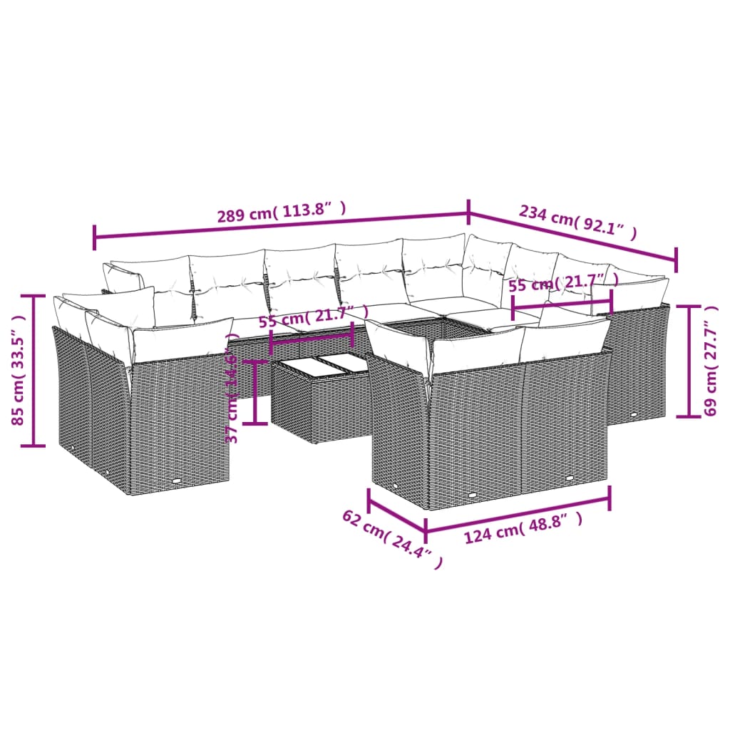 13 Pcs conjunto de sofás p/ jardim com almofadões vime PE bege