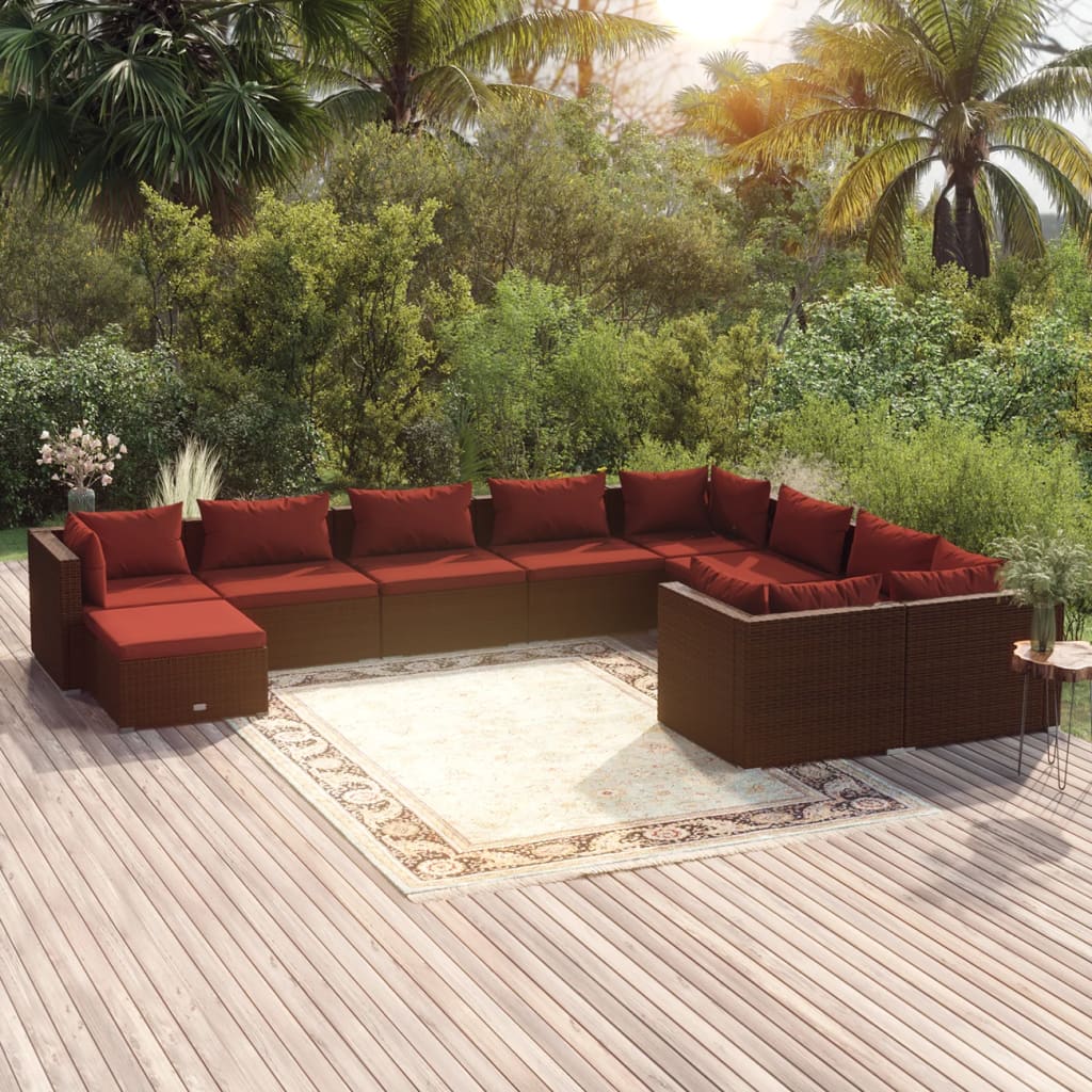 10 Pcs conjunto lounge jardim c/ almofadões vime PE castanho