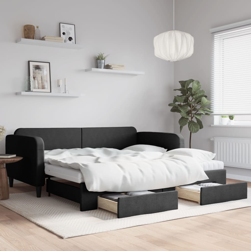 Sofá-cama com gavetão e gavetas 100x200 cm tecido preto